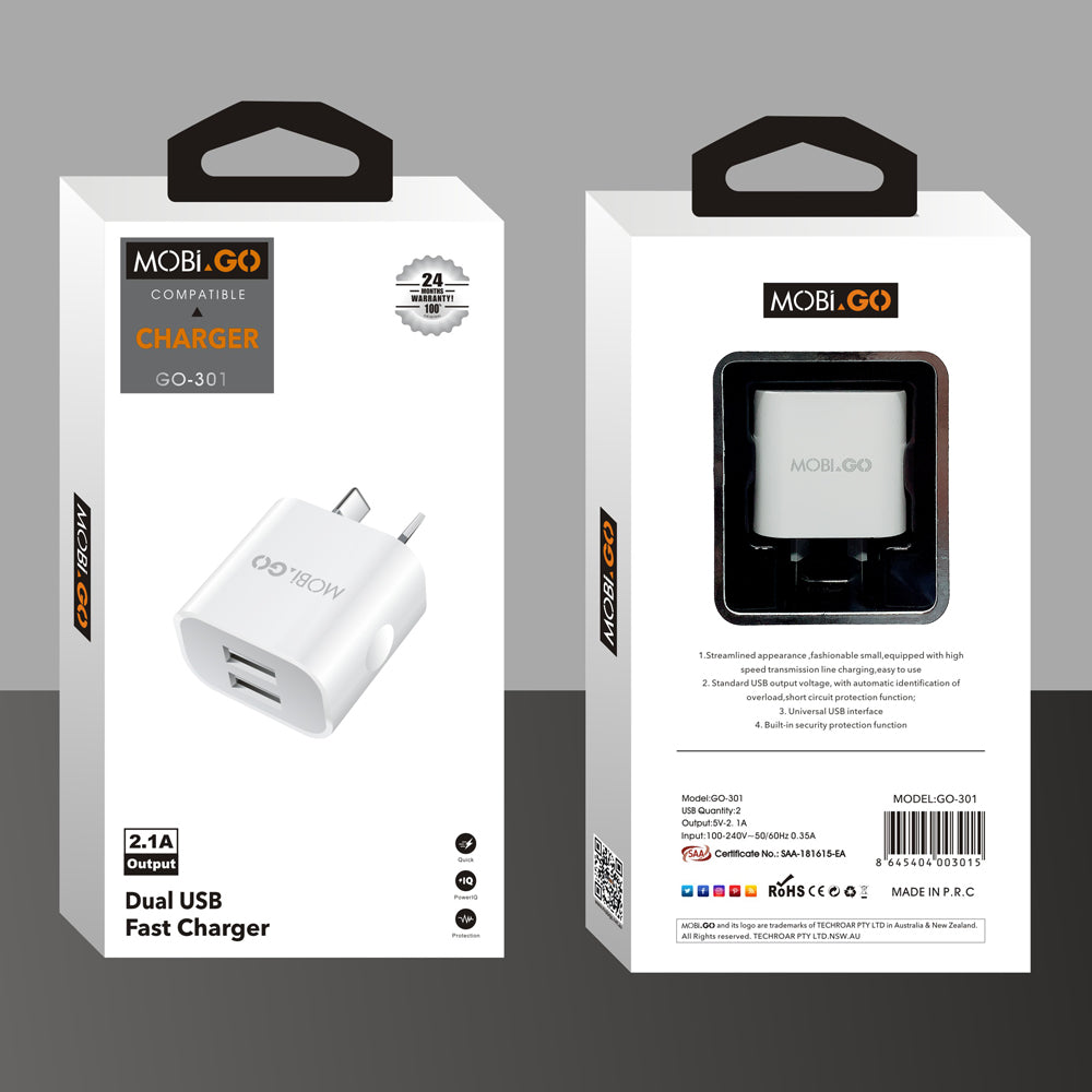 Mobigo dual USB fast home charger GO301