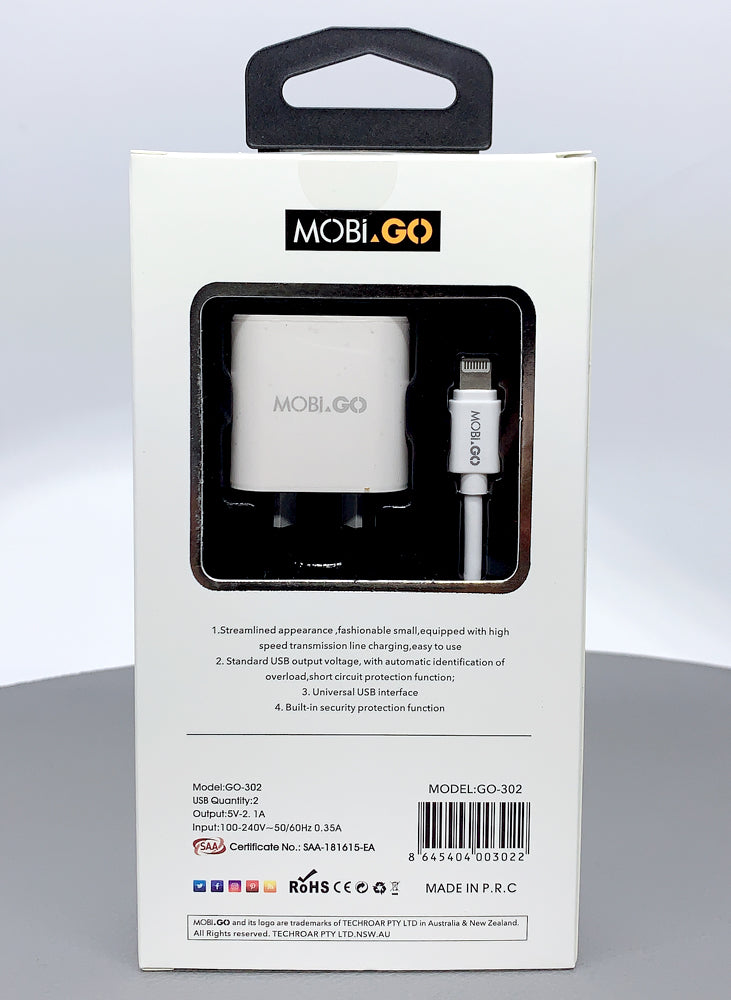 Mobigo dual USB fast home charger with lightning cable GO302
