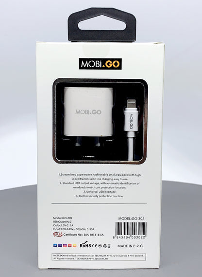 Mobigo dual USB fast home charger with lightning cable GO302