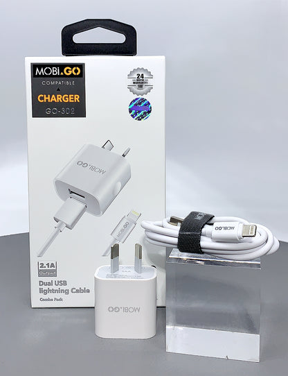 Mobigo dual USB fast home charger with lightning cable GO302