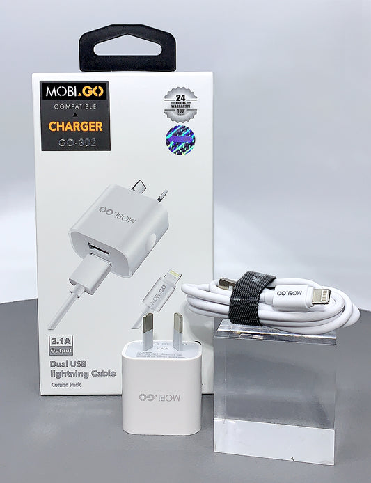 Mobigo dual USB fast home charger with lightning cable GO302