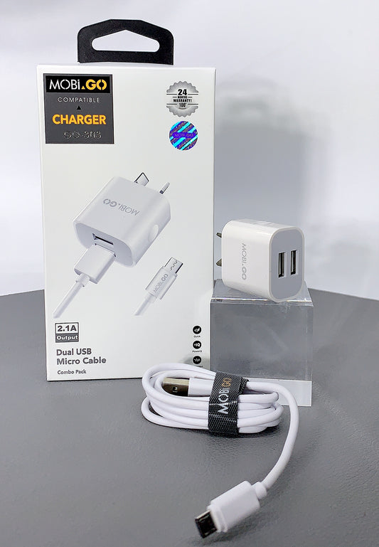 Mobigo dual USB fast home charger with micro cable GO303