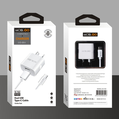 Mobigo dual USB fast home charger with type-c cable GO304